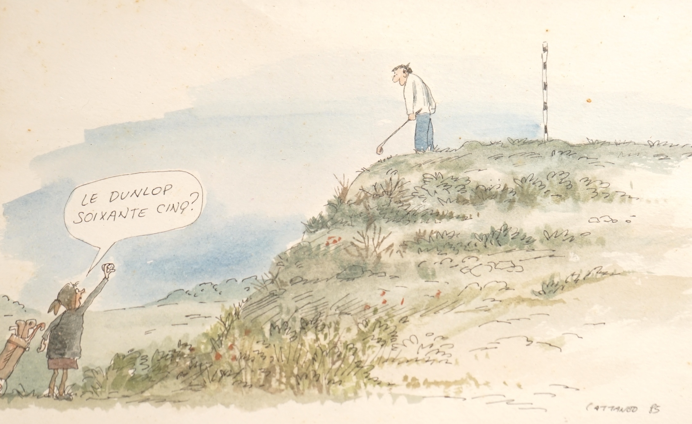 Two ink and watercolours, comprising Cattaneo, French golfing scene, 'Le Dunlop Soixante Cinq?' signed and dated '85 and two semi nude females, indistinctly signed Cullup?, largest 35 x 39cm. Condition - fair